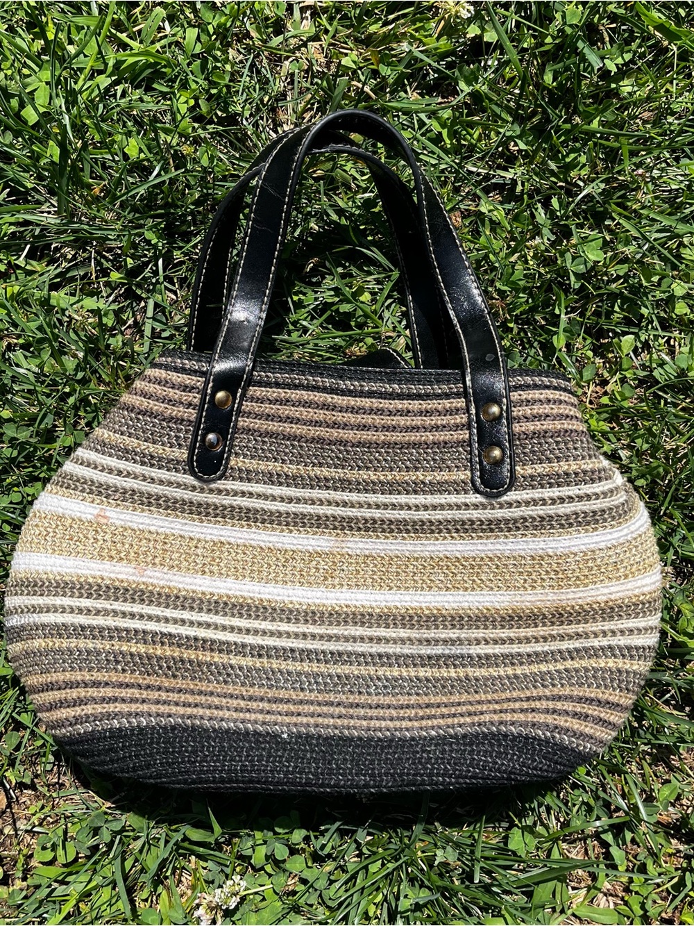 Amanda Smith Woven Straw Tote Bag with Black Handles - Neutral Stripes